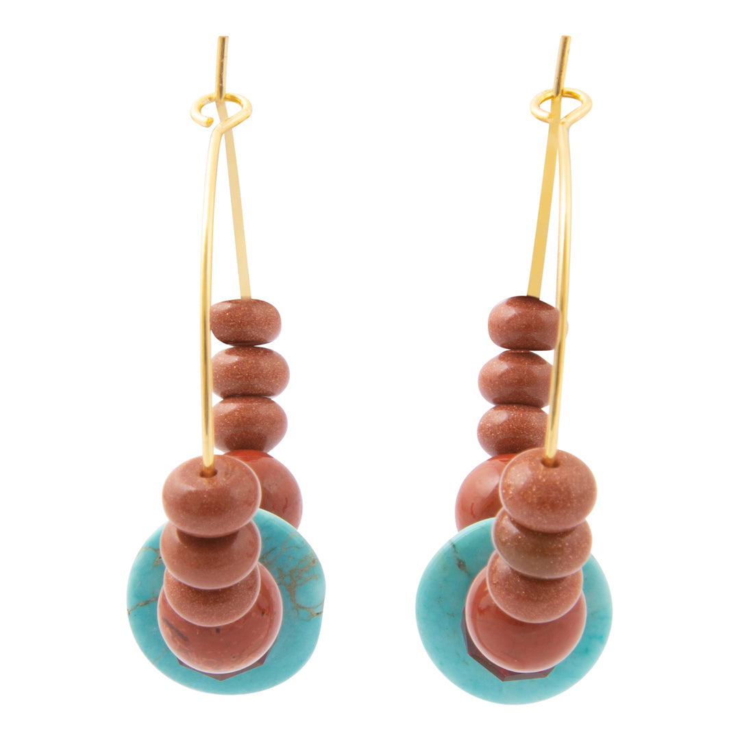 Adobe Blue Turquoise and Orange Jasper Golden Hoop Earrings