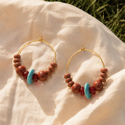 Adobe Blue Turquoise and Orange Jasper Golden Hoop Earrings