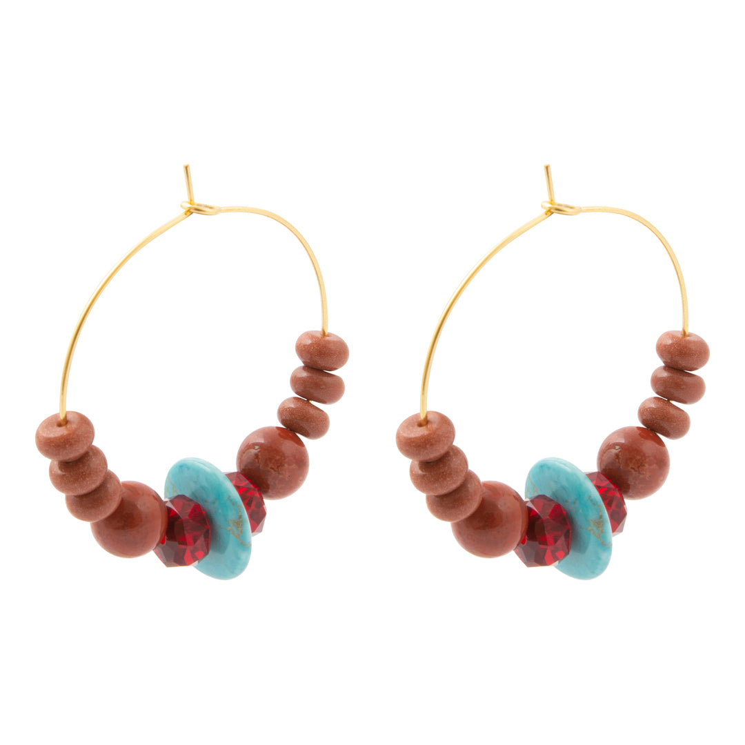 Adobe Blue Turquoise and Orange Jasper Golden Hoop Earrings