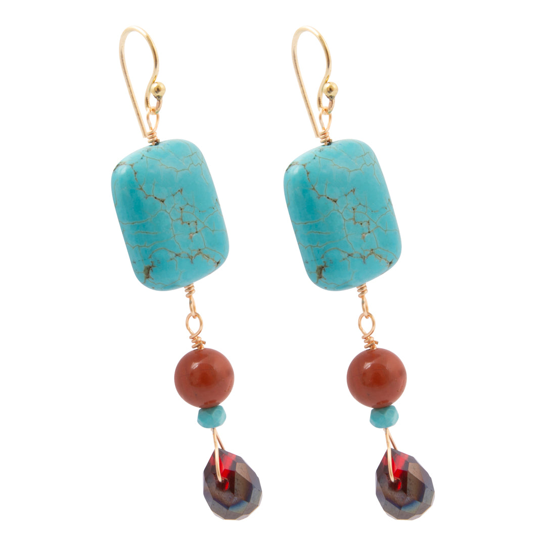 Adobe Blue Turquoise and Red Jasper Golden Linear Earring