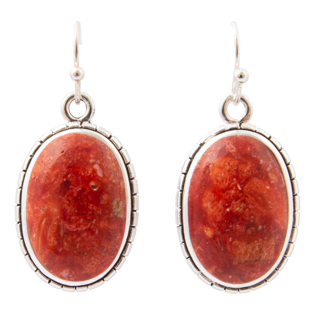 Red Mesa Coral Silver Drop Earrings: front white