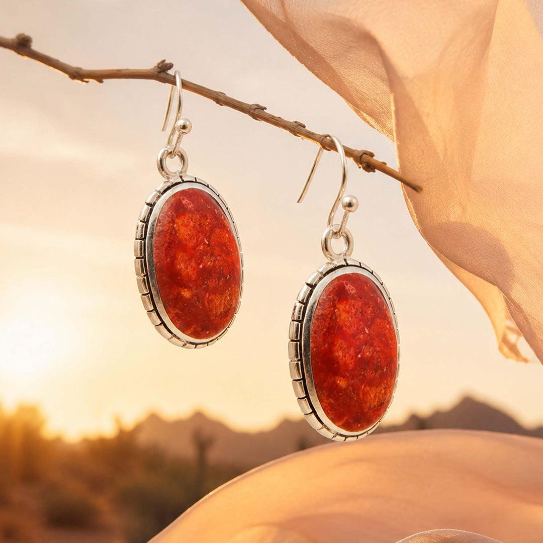 Red Mesa Coral Silver Drop Earrings: lifestyle background