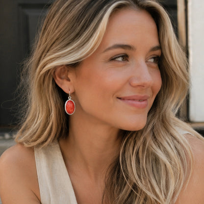 Red Mesa Coral Silver Drop Earrings: model single item