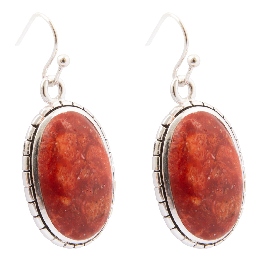 Red Mesa Coral Silver Drop Earrings: side view