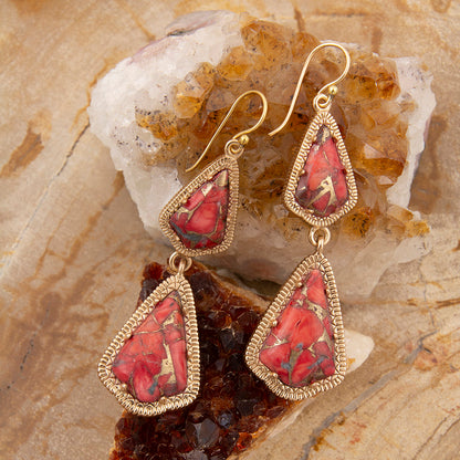 Red Magnesite Arrowhead Golden Drop Earrings