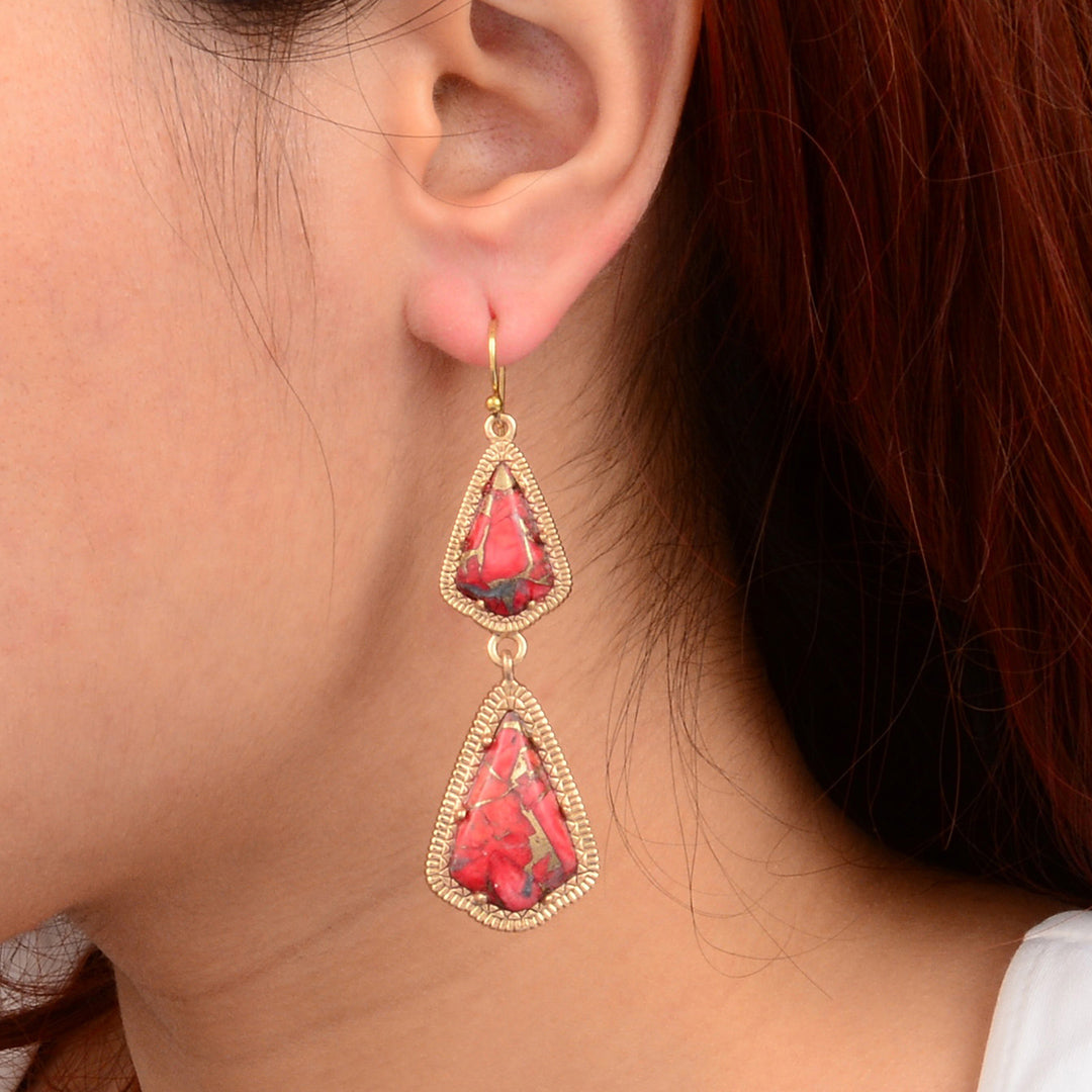 Red Magnesite Arrowhead Golden Drop Earrings
