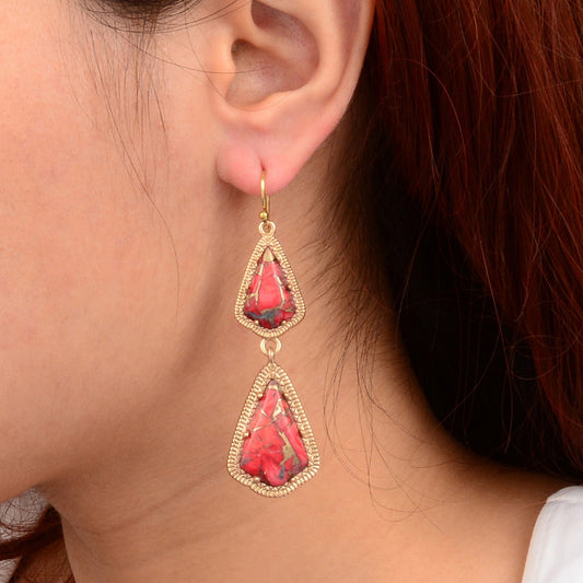 Red Magnesite Arrowhead Golden Drop Earrings