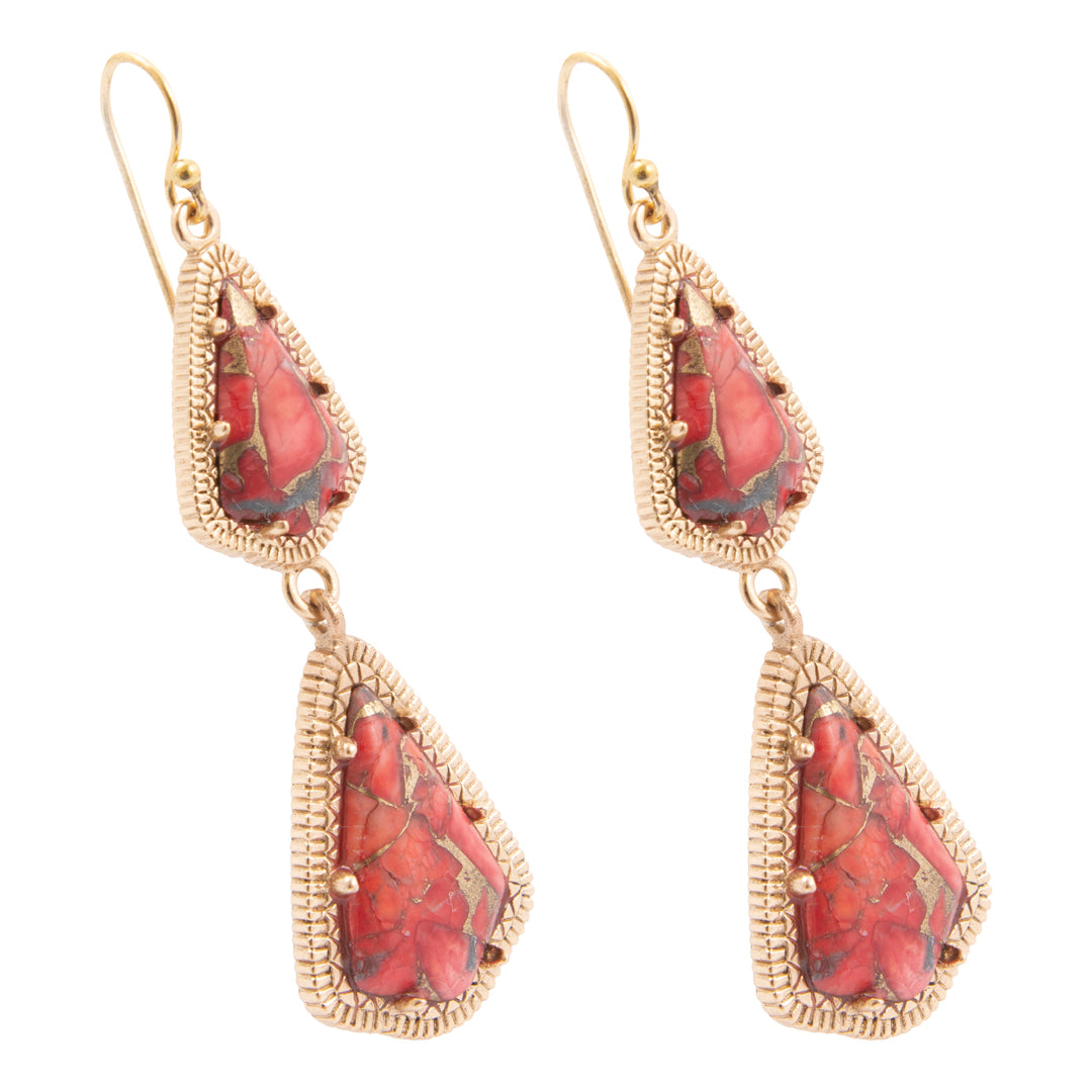 Red Magnesite Arrowhead Golden Drop Earrings