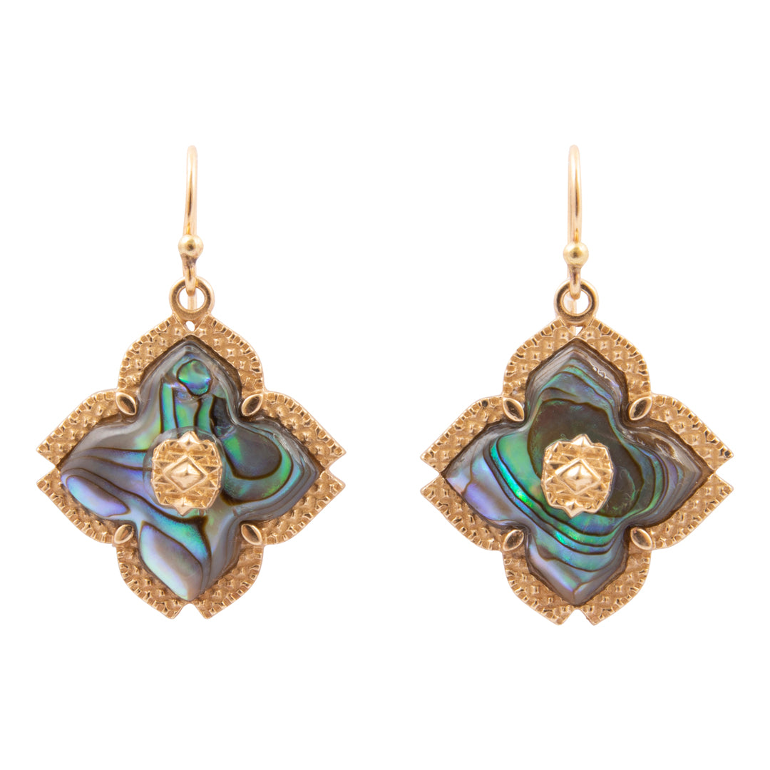 Pair of gold earrings with intricate designs on a white background
