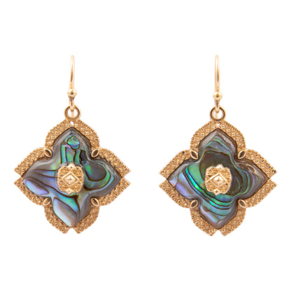 Pair of gold earrings with intricate designs on a white background