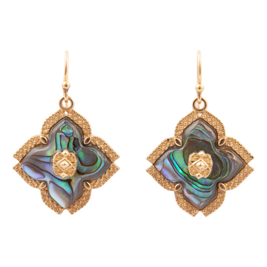 Pair of gold earrings with intricate designs on a white background