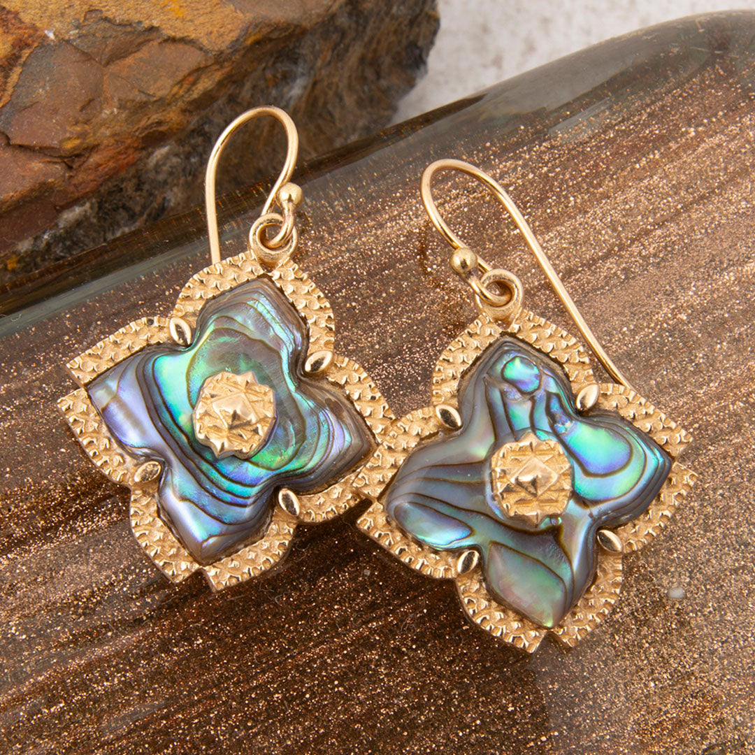 Gold earrings with abalone shell design on a stone surface
