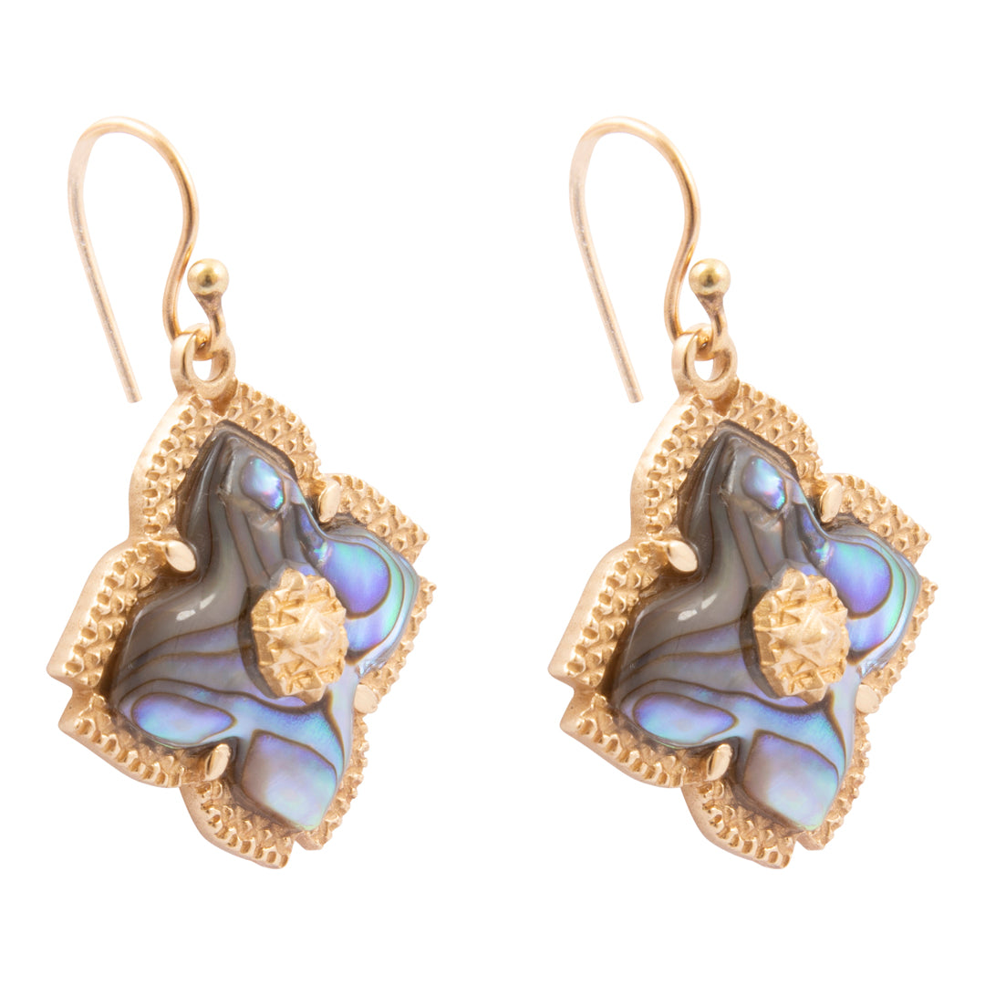Gold earrings with blue and purple stone design on a white background