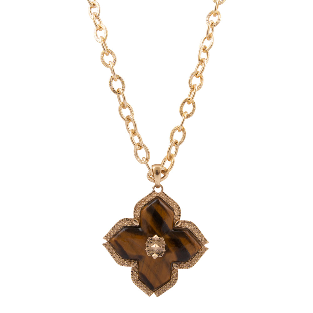 Brown Tiger's Eye Cross Golden Pendant Necklace