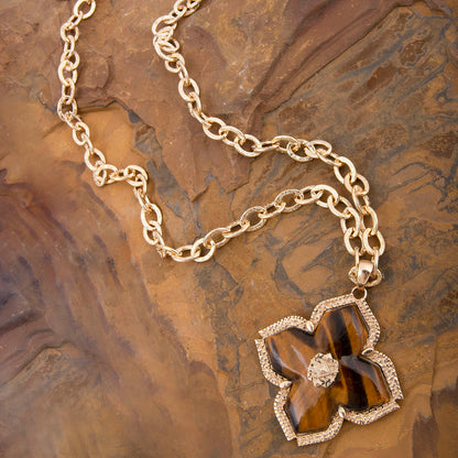 Brown Tiger's Eye Cross Golden Pendant Necklace
