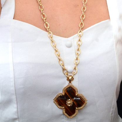 Brown Tiger's Eye Cross Golden Pendant Necklace