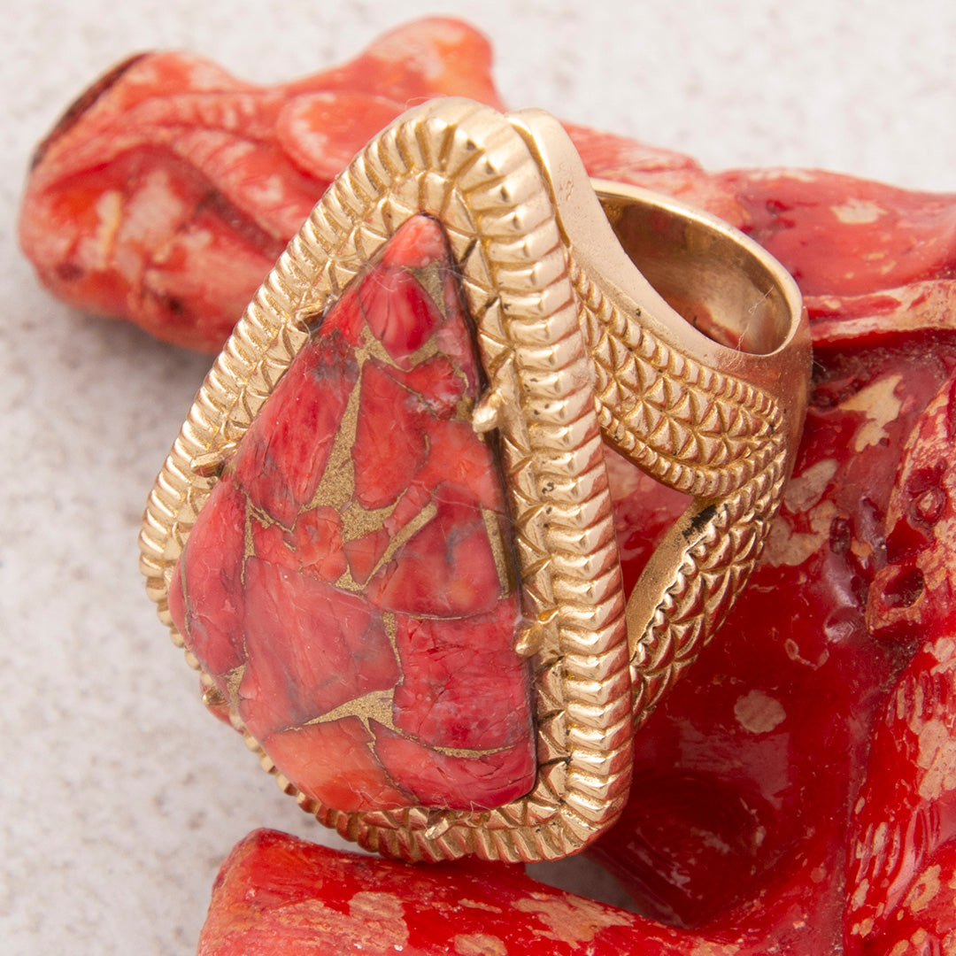 Red Magnesite Arrowhead Golden Statement Ring
