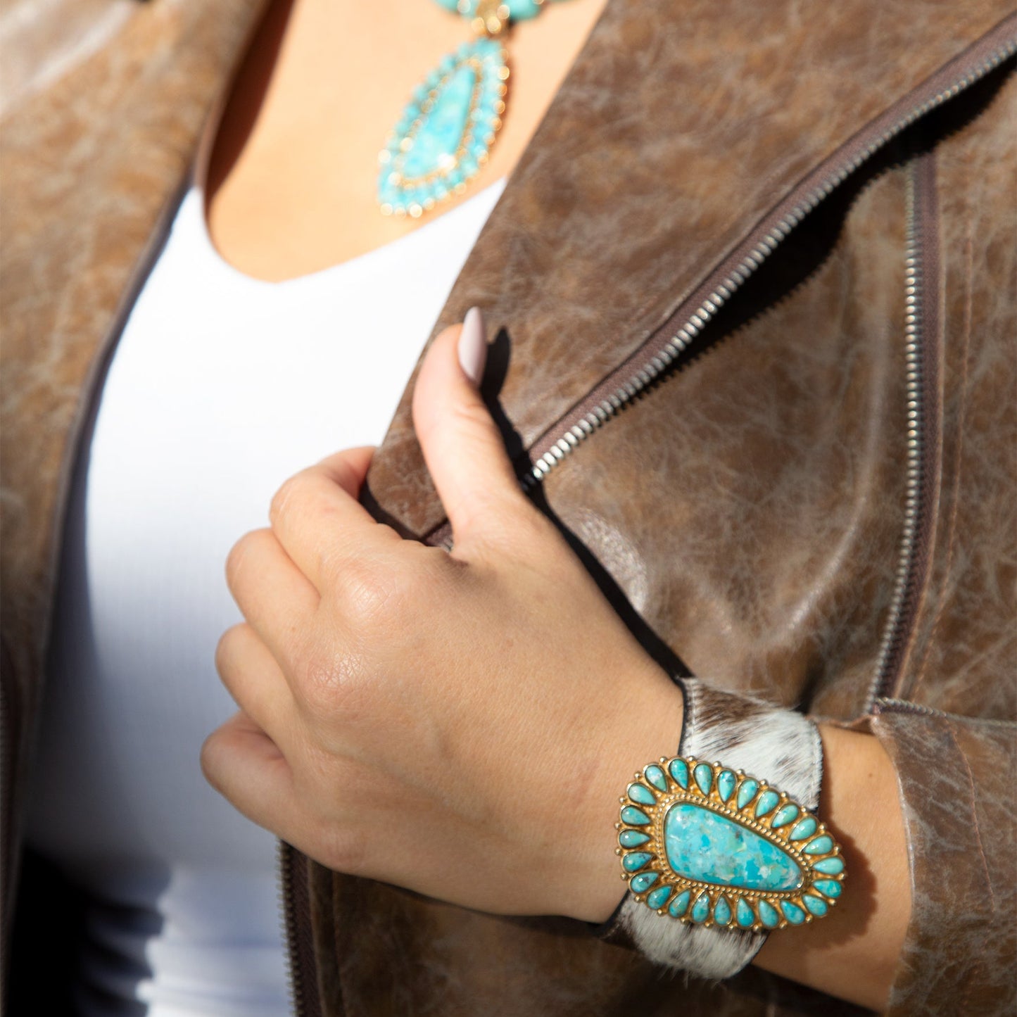 cowhide southern turquoise cuff bracelet