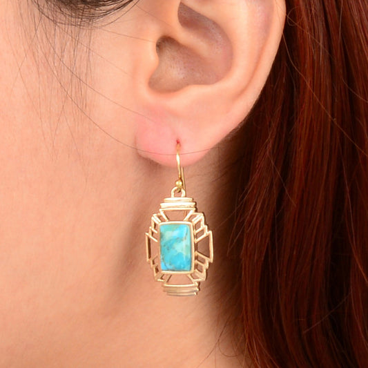 Mojave Blue Turquoise Golden Cross Drop Earrings