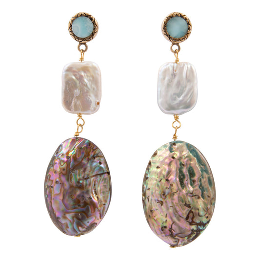 A pair of drop earrings featuring a light blue stone in a gold bezel setting, a rectangular white mother-of-pearl bead, and an oval iridescent abalone shell drop, shown against a plain white background.