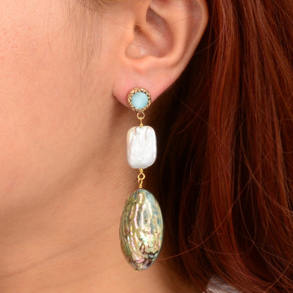 A close-up of a person's ear wearing a dangling earring. The earring has a small round light blue stone at the top in a gold setting, a white rectangular bead, and a large iridescent green shell drop.