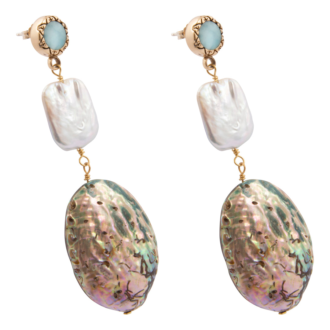 A pair of bohemian dangle earrings featuring baroque abalone shell drops, a larger iridescent shell, a smaller white pearl, and a light blue stone in a gold setting.
