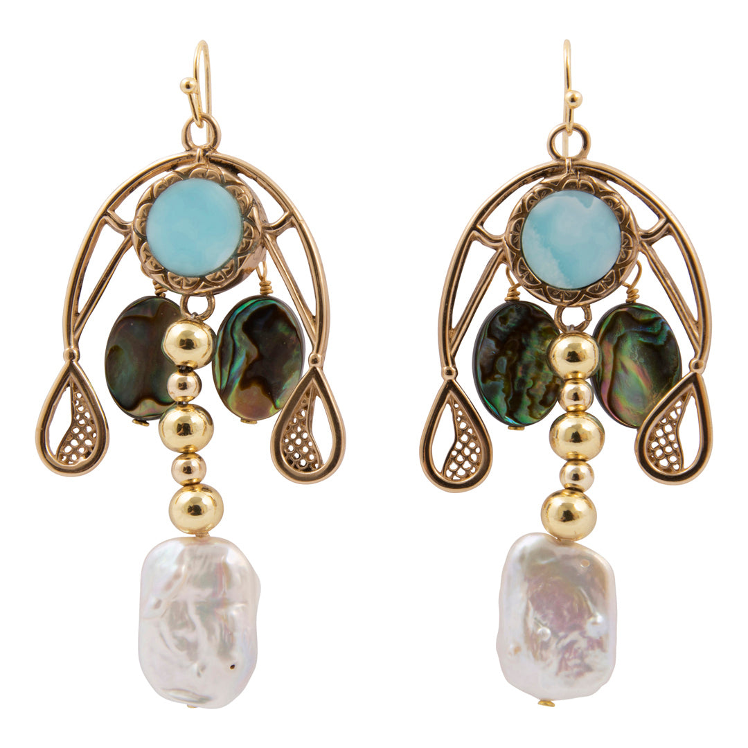 A pair of gold drop earrings featuring light blue round stones, dark green iridescent abalone shell pieces, gold beads, and large white baroque pearls, shown on a plain white background.
