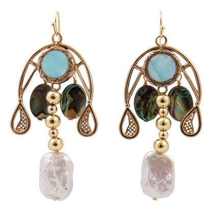 A pair of gold drop earrings featuring light blue round stones, dark green iridescent abalone shell pieces, gold beads, and large white baroque pearls, shown on a plain white background.