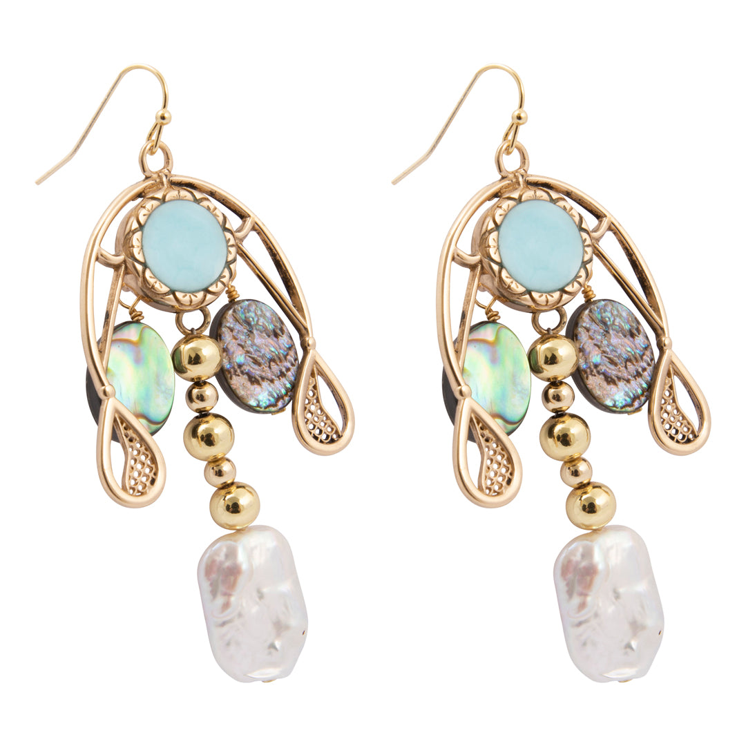 A pair of gold-tone dangle earrings featuring light blue oval stones, iridescent abalone shell pieces, small gold beads, and clear baroque-style drop pendants, shown on a plain white background.