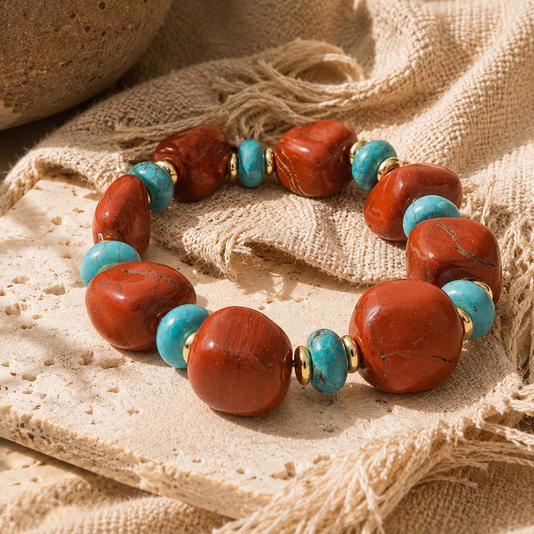 Crimson Sky Blue Turquoise Orange Carnelian Golden Chunky Bracelet: lifestyle background