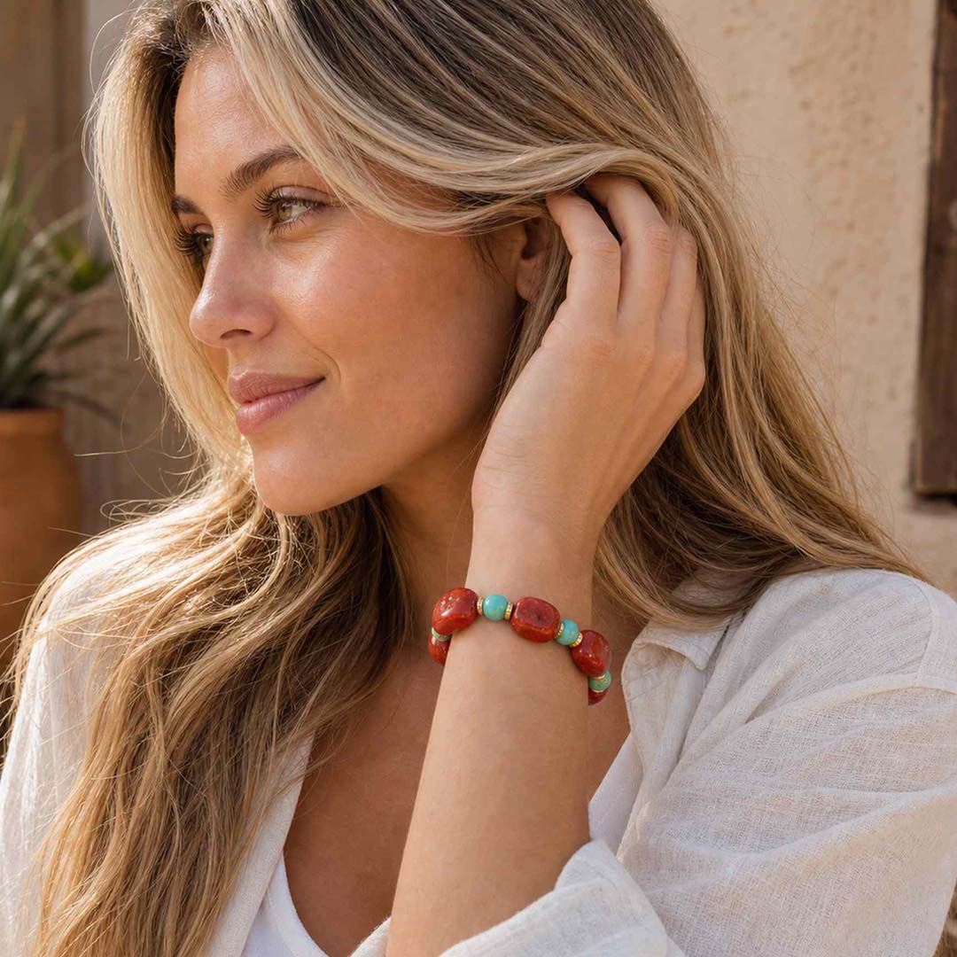 Crimson Sky Blue Turquoise Orange Carnelian Golden Chunky Bracelet: model single item