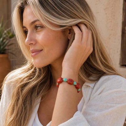 Crimson Sky Blue Turquoise Orange Carnelian Golden Chunky Bracelet: model single item