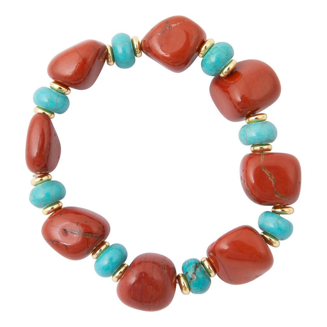 Crimson Sky Blue Turquoise Orange Carnelian Golden Chunky Bracelet: front white