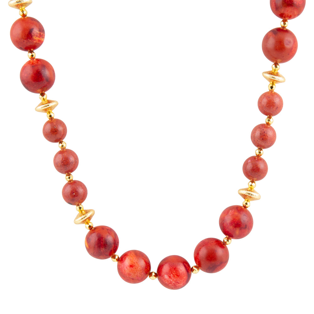 Blue Magnesite and Red Coral Golden Statement Necklace