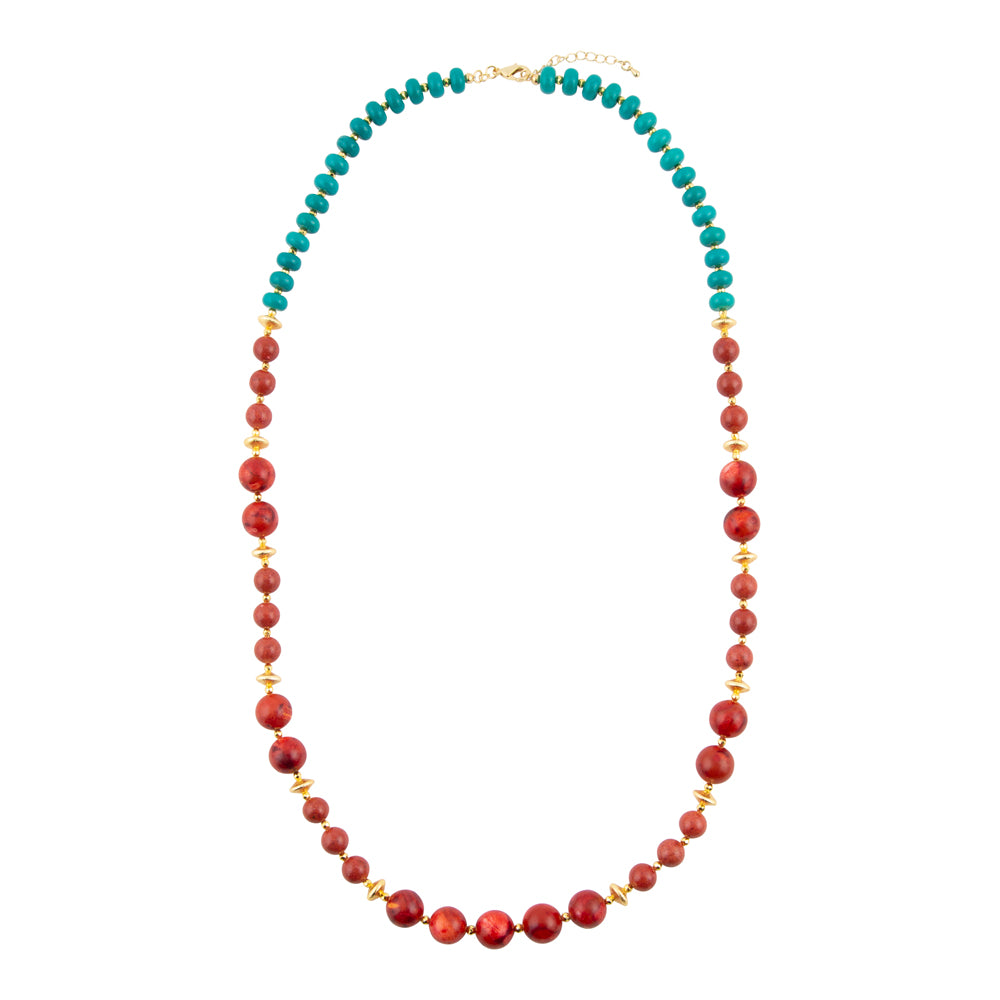 Blue Magnesite and Red Coral Golden Statement Necklace