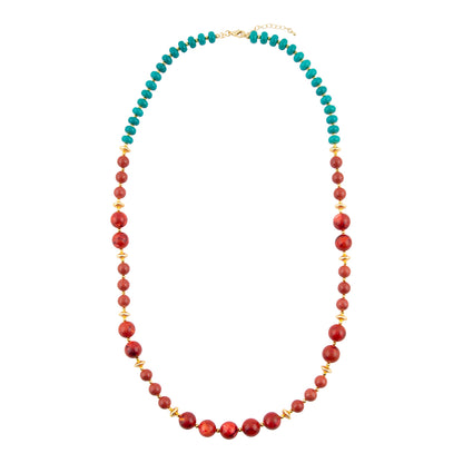 Blue Magnesite and Red Coral Golden Statement Necklace