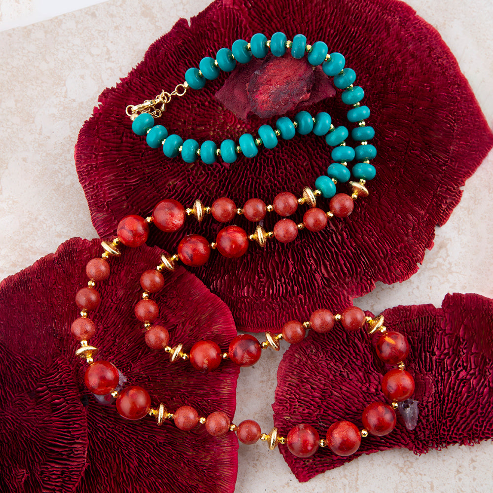 Blue Magnesite and Red Coral Golden Statement Necklace