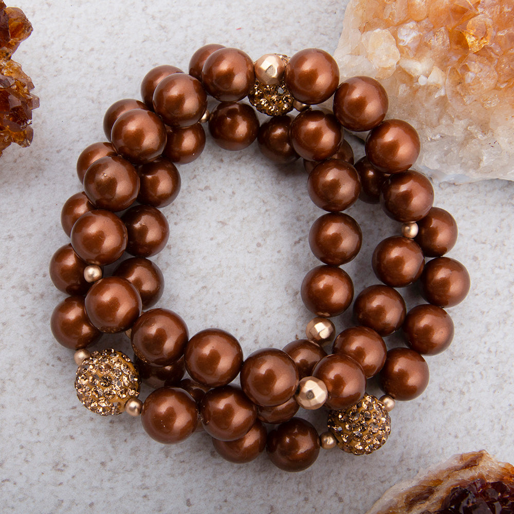 Mocha Brown Pearl Golden Sparkle Bracelet Set