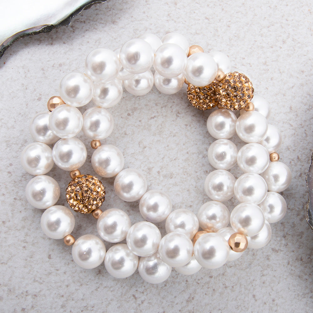 Chunky White Pearl Triple Golden Bracelet Set