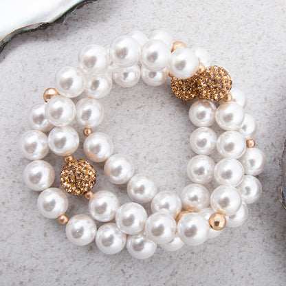Chunky White Pearl Triple Golden Bracelet Set