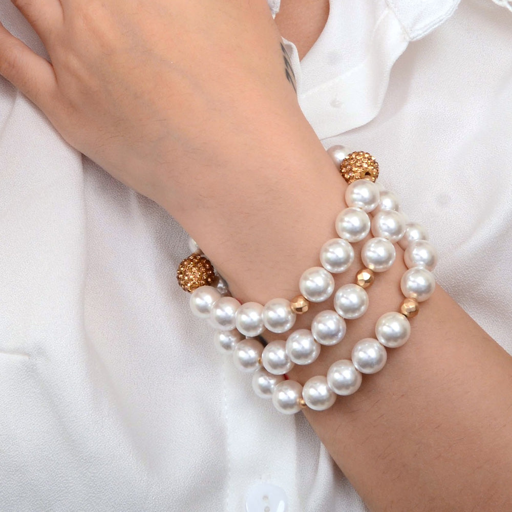 Chunky White Pearl Triple Golden Bracelet Set