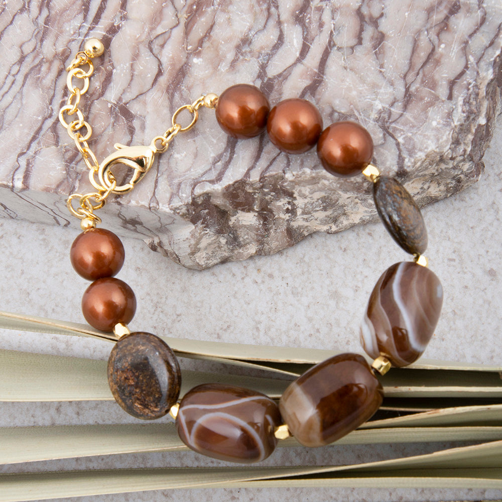Mocha Brown Agate and Bronzite Golden Bracelet – Barse Jewelry
