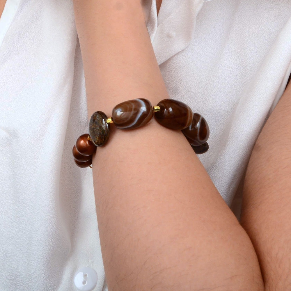 Mocha Brown Agate and Bronzite Golden Bracelet
