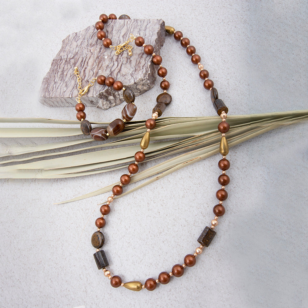 Mocha Brown Pearl Long Golden Necklace