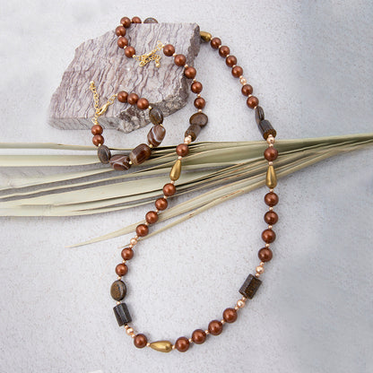 Mocha Brown Pearl Long Golden Necklace
