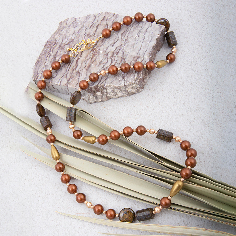 Mocha Brown Pearl Long Golden Necklace