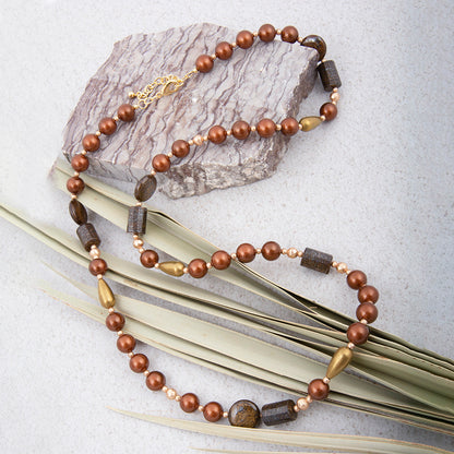 Mocha Brown Pearl Long Golden Necklace