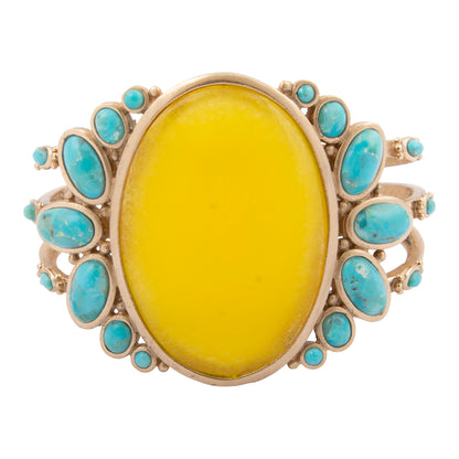 Sunny Yellow Quartz and Blue Turquoise Golden Cuff Bracelet
