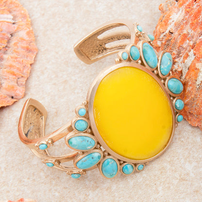 Sunny Yellow Quartz and Blue Turquoise Golden Cuff Bracelet