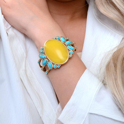 Sunny Yellow Quartz and Blue Turquoise Golden Cuff Bracelet